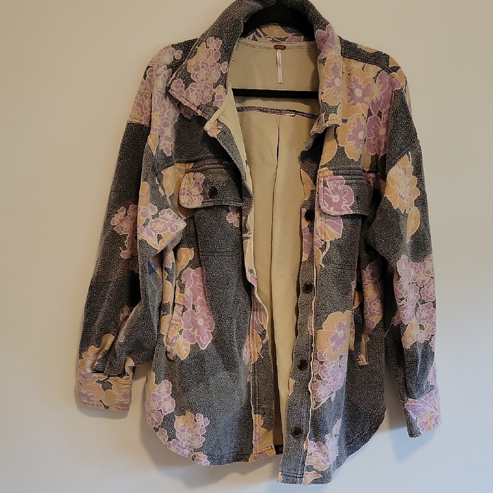 Free People Floral Jean Jacket - Gray and Purple